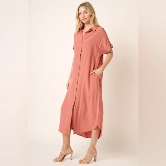 MITTOSHOP Button Down Collared Midi Shirt Dress with Pockets in Black Medium - Picture 3 of 12